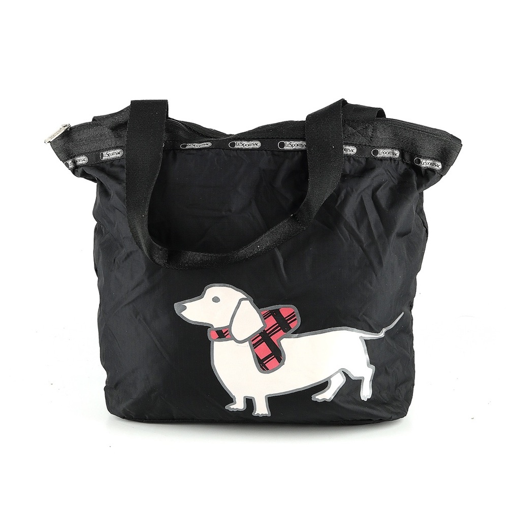 LeSportSac Hailey Black Nylon Tote Bag Women’s Handbag with Pug & Dachshund Dog